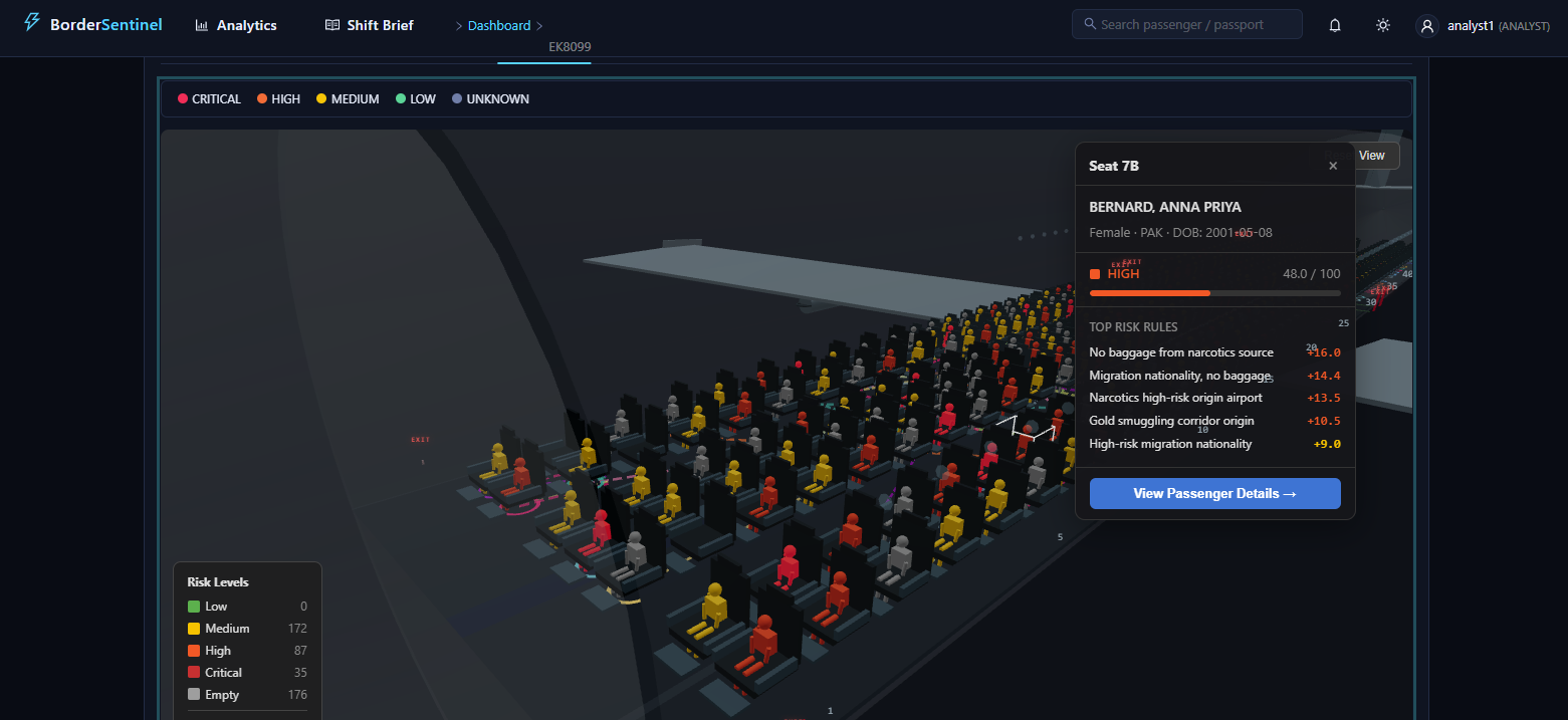 3D aircraft cabin risk visualisation — every seat colour-coded by passenger risk level