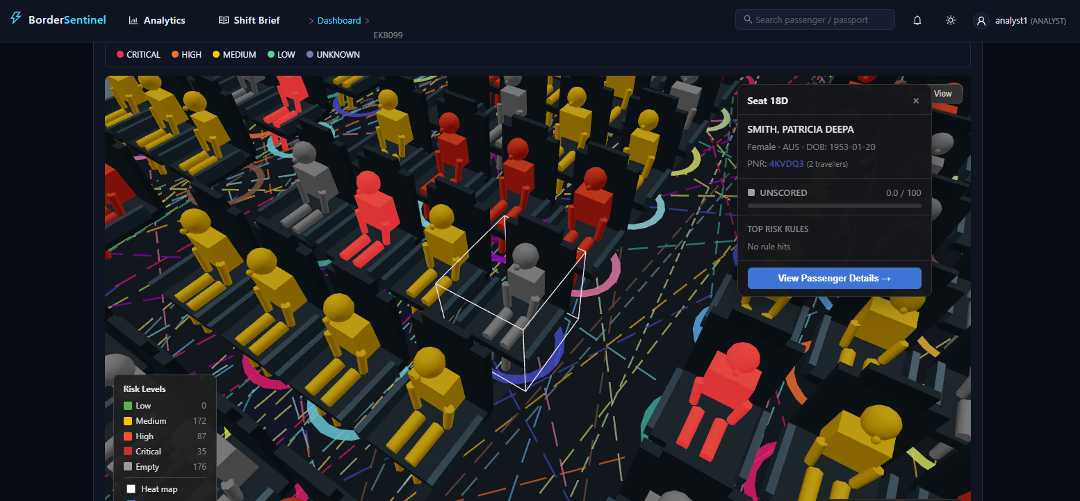 3D crowd risk view with co-traveller relationship lines