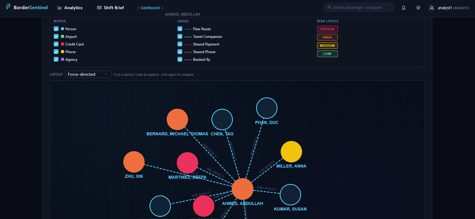 Force-directed passenger relationship network graph
