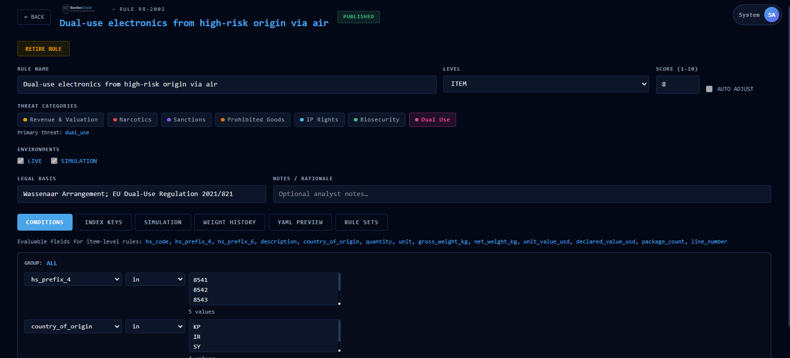 BorderShield rule editor showing HS-prefix matching, country-of-origin filters, and Wassenaar legal references